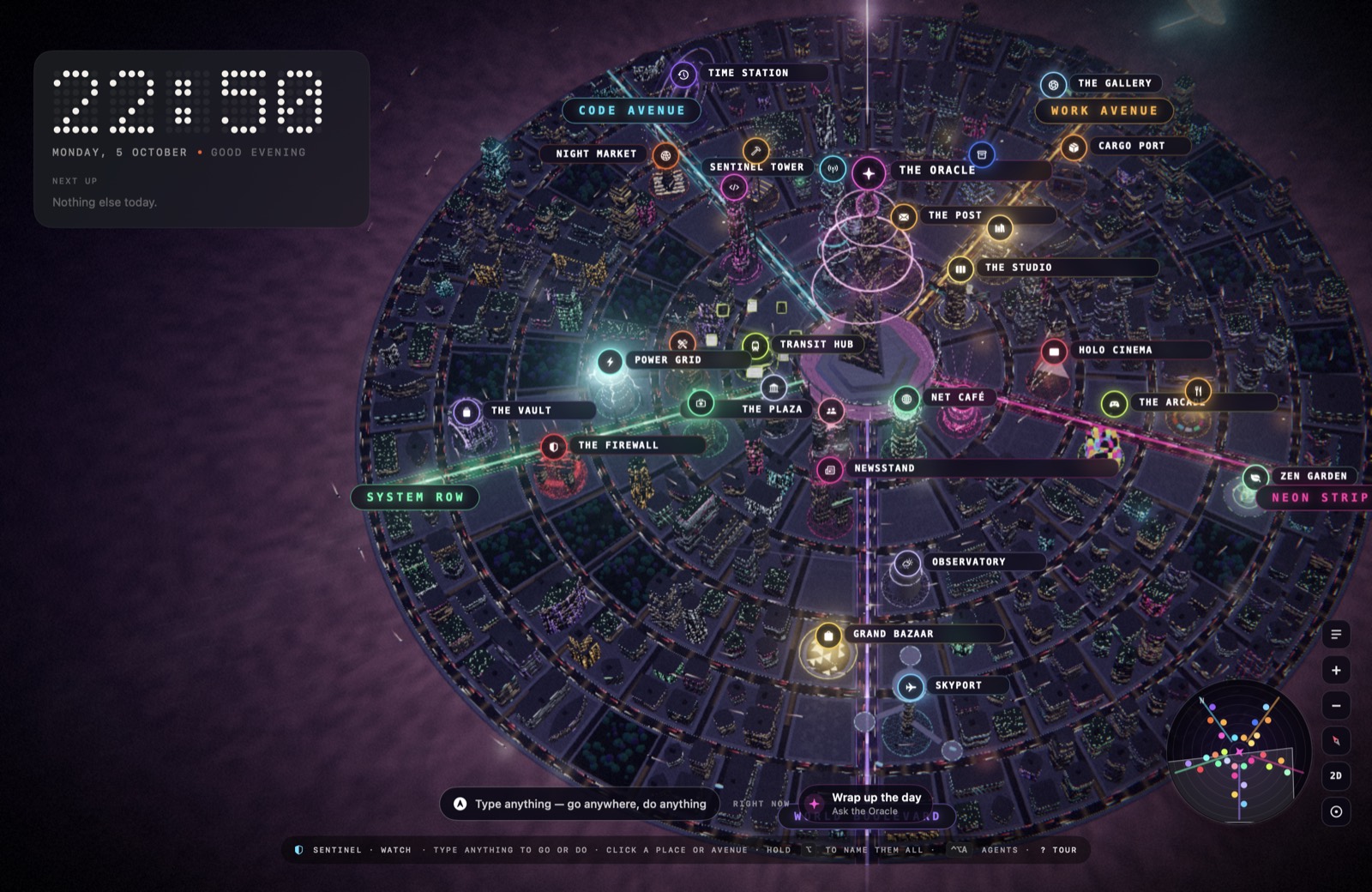 The DeskCity desktop at night: a round city with five glowing avenues, each place labelled